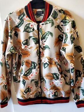 Zara Man Tropical Floral Bomber Jacket - Black, Cream & Red Trim Size Medium NEW